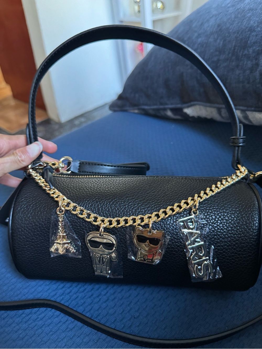 Karl Lagerfeld Black Leather Mini Cylinder Bag with Gold Charm Chain